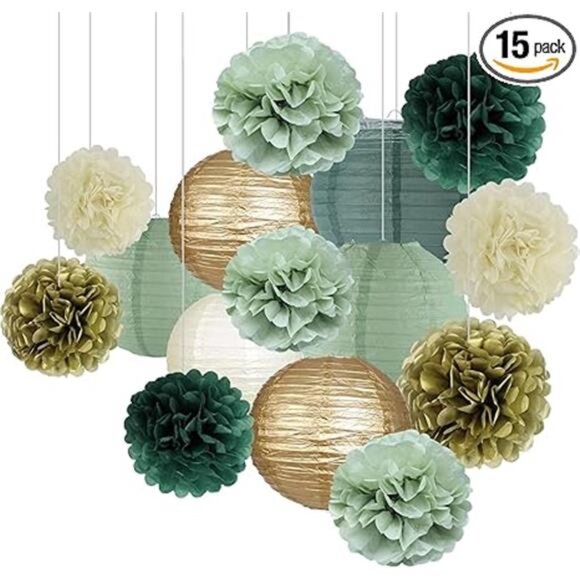Sage Green Party Decorations Paper Lanterns Pom Poms Birthday Baby Shower Weddin - Picture 7 of 7